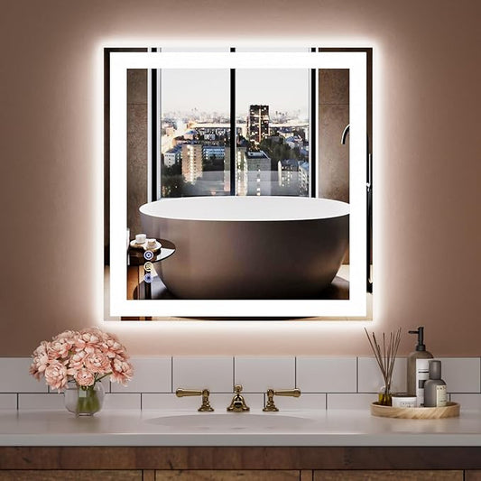 36"x 36" LED Bathroom Mirror, 3 Colors Vanity Mirror with Lights, Front and Backlit Bathroom Mirror with Lights, LED Smart Mirror for Wall, Tempered Glass, Anti-Fog, Stepless Dimmable, Memory(UL ETL)