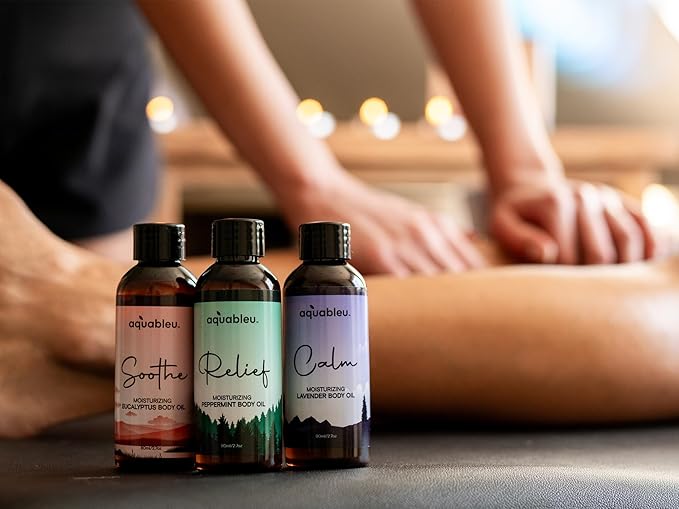 Essential Massage Oil Gift Set - Serenity Trio Sooth, Calm, Relief Includes Lavender, Peppermint & Eucalyptus Massage Oil Blends 80 ML in Beautiful Packaging - Great Gift for Women