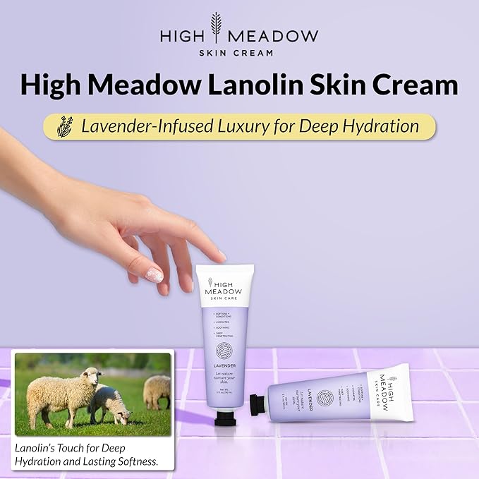 High Meadow Lanolin Skin Cream - Deep Hydration Formula for Soft, Radiant Skin Care - Repairs Dry and Cracked Skin on Hands, Feet & Elbows - Multi-Purpose Soothing Lotion - 3.0 Oz Lavender Moisturizer