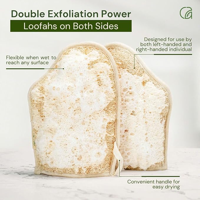 Chill Ah Green Glow Dual-Sided Loofah Bath Mitts (2-Pack) – 100% Plant-Based, Dye-Free, Biodegradable, Handcrafted in Vietnam – Natural Exfoliating Gloves for Glowing Skin