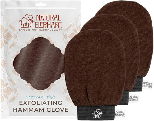 Natural Elephant Exfoliating Hammam Glove | Authentic Moroccan Kessa Body Scrub Mitt for Spa-Quality Skin Renewal | Chocolate Brown 3 Pack