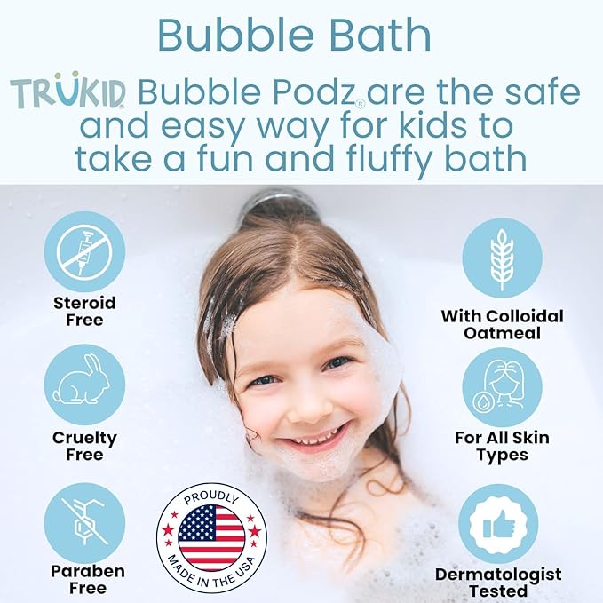 TruKid Bubble Podz Bubble Bath for Kids, Toddlers, & Babies, NEA-Accepted for Eczema, Gentle Refreshing Colloidal Oatmeal Bath Bomb for Sensitive Skin, pH Balanced, Tear Free, Unscented (10 Podz)