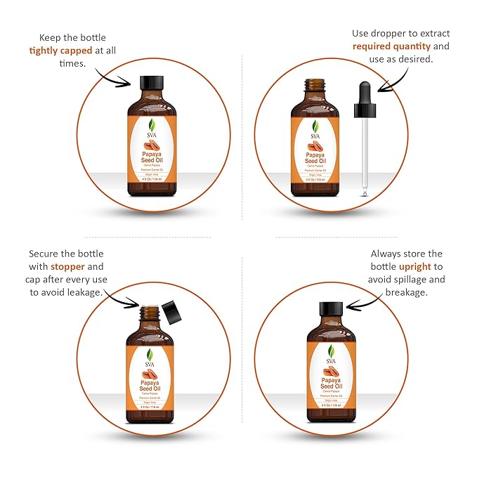 SVA Papaya Seed Oil - 4 Fl Oz – 100% Natural Cold Pressed Papaya Oil - for Face, Skin Care, Hair Care, Scalp Massage & Body Massage – Carrier Oil with Dropper