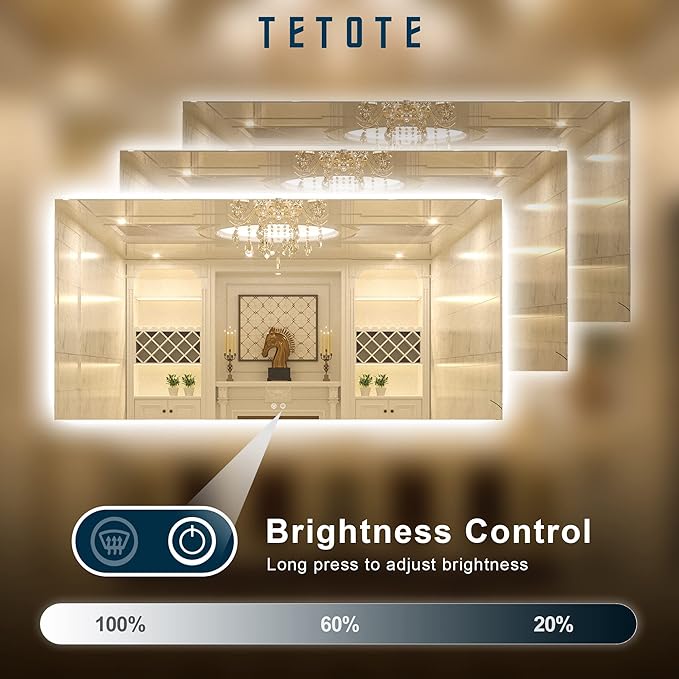 TETOTE 72 x 36 Inch LED Bathroom Mirror Backlit,AntiFog,Dimmable,CRI90+,Makeup,Vanity Mirror with Light,Lighted Mirror,Wall Mounted(Horizontal/Vertical)