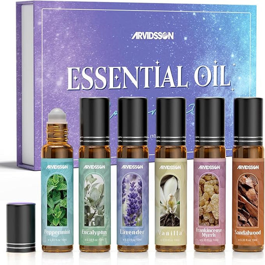 Essential Oils Roll On Gift Set, Natural Aromatherapy Oil Roller for Body, Skin, Massage - Lavender, Peppermint, Frankincense & Myrrh, Eucalyptus, Vanilla, Sandalwood, Gift for Women