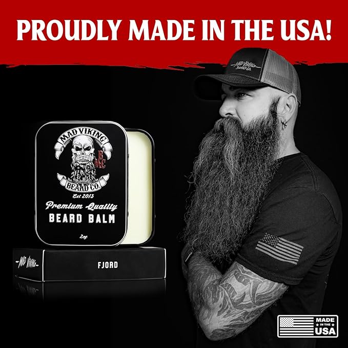 Mad Viking Fjord Beard Balm – Non-Greasy Balm to Soften & Style with a Medium Hold - Made with Shea Butter, Beeswax & Premium Oils – Crisp Clean Citrus & Woodsy Scent, Made in the USA - 2oz