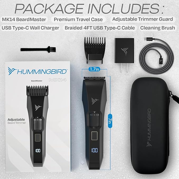 HUMMINGBIRD MK14 BeardMaster – Premium Beard Trimmer for Men, Precision Dial, Adjustable 20 Length Settings, Stainless Steel T-Blade, Cordless USB-C Rechargeable, Waterproof, LED Display, Travel Case
