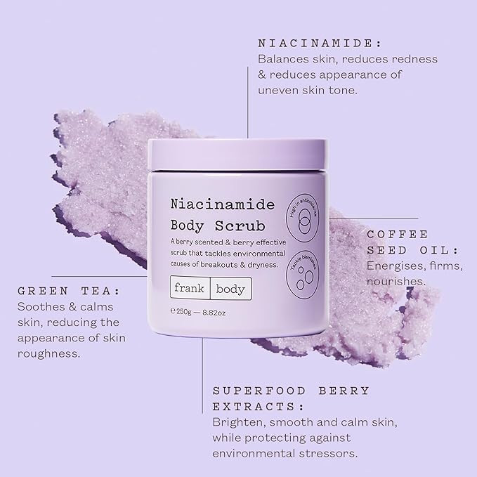 frank body Niacinamide Body Scrub | Gentle Exfoliating Body Scrub with Berry Extracts & Green Tea | Helps to Fight Breakouts & Dryness | Vegan & Cruelty Free | Berry Scent | 250 g/8.82 oz