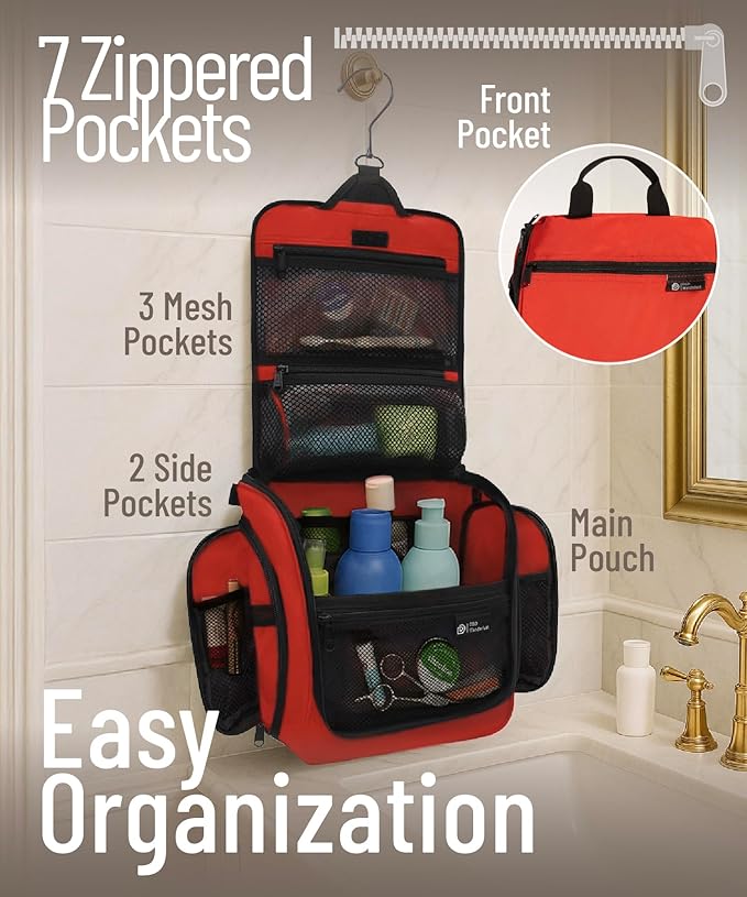 D&D Hanging Travel Toiletry Bag for Men and Women – Large Cosmetics, Makeup and Toiletries Organizer Kit with 10 Compartments, YKK Zippers, XXL Metal Swivel Hook, Water-Resistant Nylon