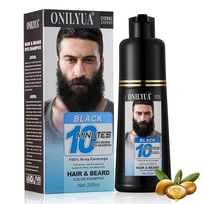 Men's 3 in 1 Black Beard Dye Shampoo, Simpler Color for Men's Beard & Mustaches, Long Lasting Gray Reducing 200 ml