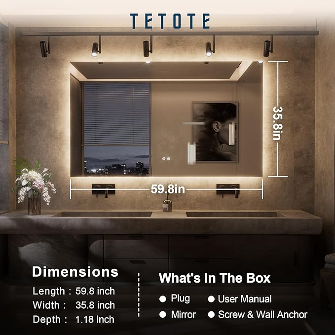 TETOTE 60 x 36 Inch LED Backlit Bathroom Mirror with Lights, 3Color White/Warm/Natural, Anti-Fog Lighted Mirror,Dimmable,Vanity Mirror,Wall Mounted