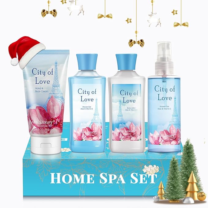 Bath & Body Kit - Body Lotion, Shower Gel, Body Cream, and Fragrance Mist, 3 Fl Oz each, in City of Love, Ideal Skincare Gift Home Spa Set for luxurious indulgence