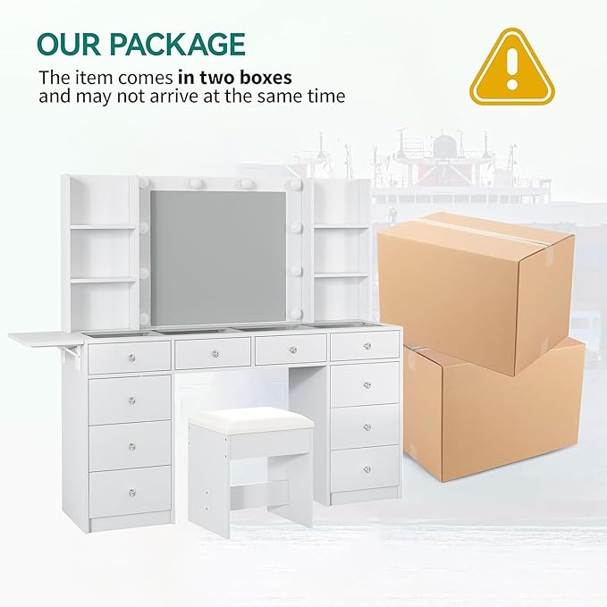 Vanity with Power Outlet, Vanity Desk with Mirror and 10 LED Lights, 10 Drawers Makeup Vanity with 6 Shelves, Fold-up Panel, Dressing Table for Bedroom, White