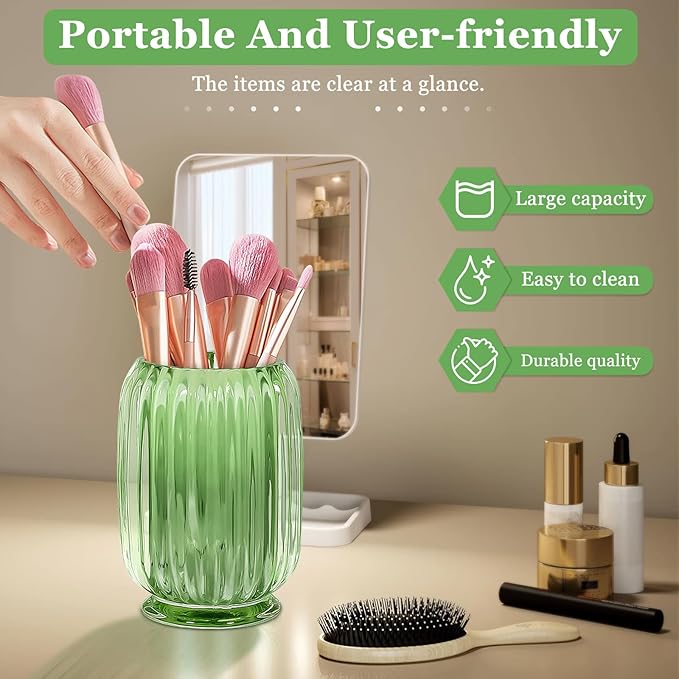 Makeup Brush Holder, Thick Glass Makeup Brush Organizer Cup, 4.8" Tall for Vanity Hair Brush Holder Brushes Storage, Makeup Brush Holder Organizer organizador de brochas de maquillaje Crystal Green