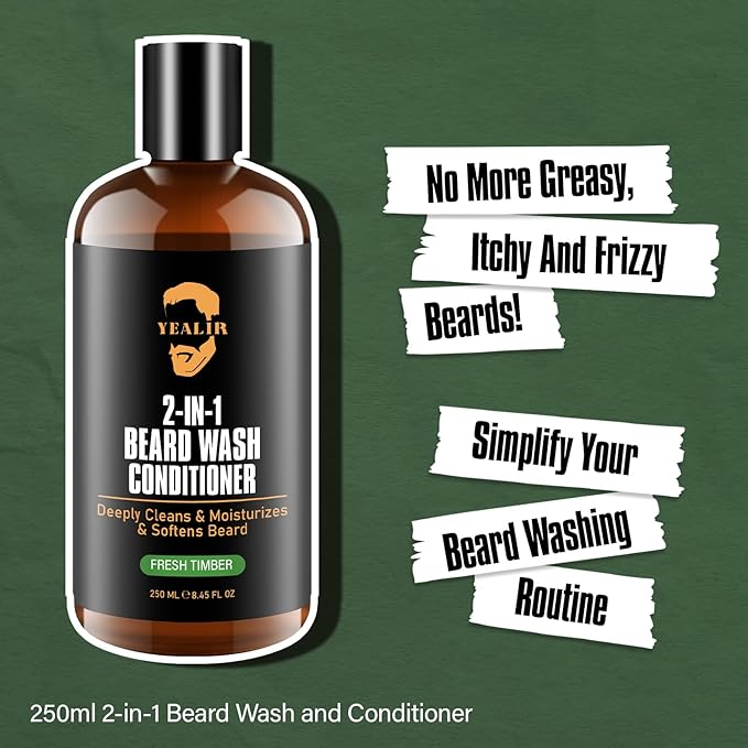 2-in-1 Beard Wash & Conditioner – Softens & Hydrates Dry, Coarse Beards for Effortless Styling – Cleanses & Conditions for Healthier, Fuller Facial Hair – Fresh Timber Scent – 8.45 fl oz