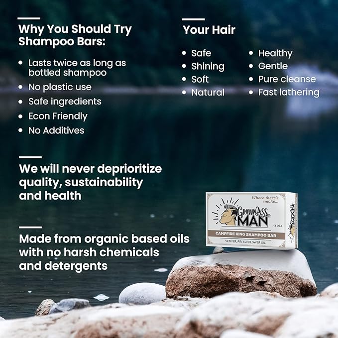 Solid Shampoo Bar Rich Lather 3 in 1: Hair, Beard & Body Wash - Plastic Free & Eco-Friendly, Natural & Organic Clean for All Hair Types, 4oz Bar (Campfire King, Single)