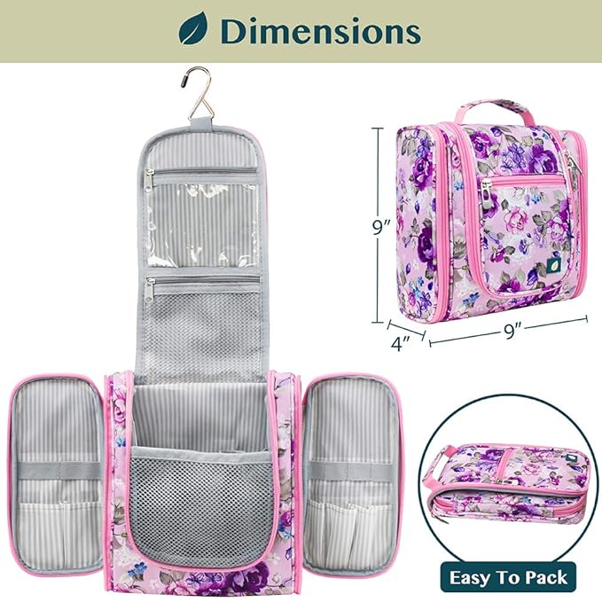 PAVILIA Toiletry Bag Travel Bag for Women Men, Hanging Cosmetic Organizer, Water Resistant Makeup Bag for Accessories Toiletries, Large Travel Essentials Kit (Floral Pink)