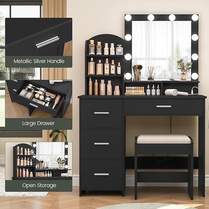 Quimoo Makeup Vanity with 10 Light Bulbs and Charging Station, Vanity Desk with Lighted Mirror & 4 Drawers, Vanity Table Set with Cushioned Stool, Black