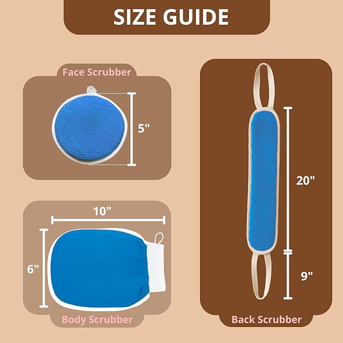 Exfoliating Glove Set (Original) – 3 Pieces Moroccan Hammam Scrub Mitts for Face, Body & Back – Deep Skin Cleansing & Dead Skin Removal – Reusable Spa Exfoliator – Assorted Colors (TURQOUISE)