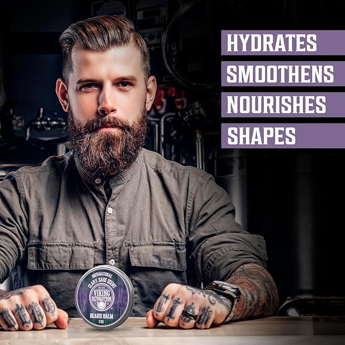 Viking Revolution Clary Sage Beard Balm - Beard Butter with Argan Oil, Beard Softener for Men with Jojoba Oil - Beard Moisturizer for Men with Beeswax - Beard Wax for Men (2oz, 1 Pack)
