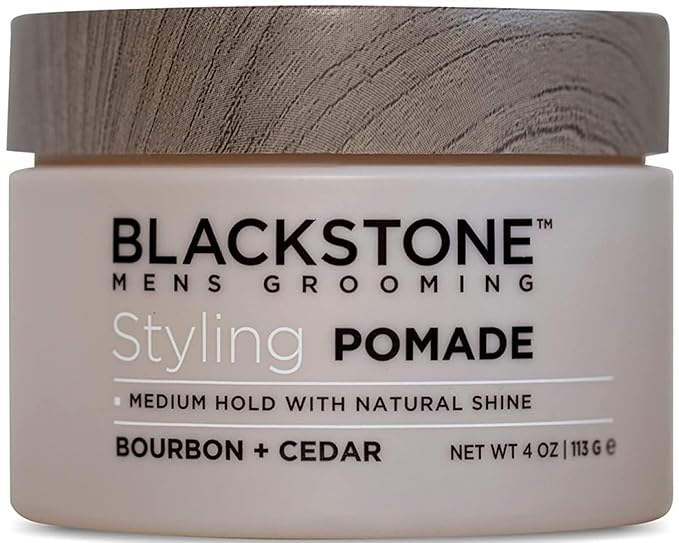 Blackstone Men's Grooming Hair Styling Pomade - Medium Hold with Natural Shine | Paraben & Cruelty | Made in USA, Bourbon + Cedar (4 oz)