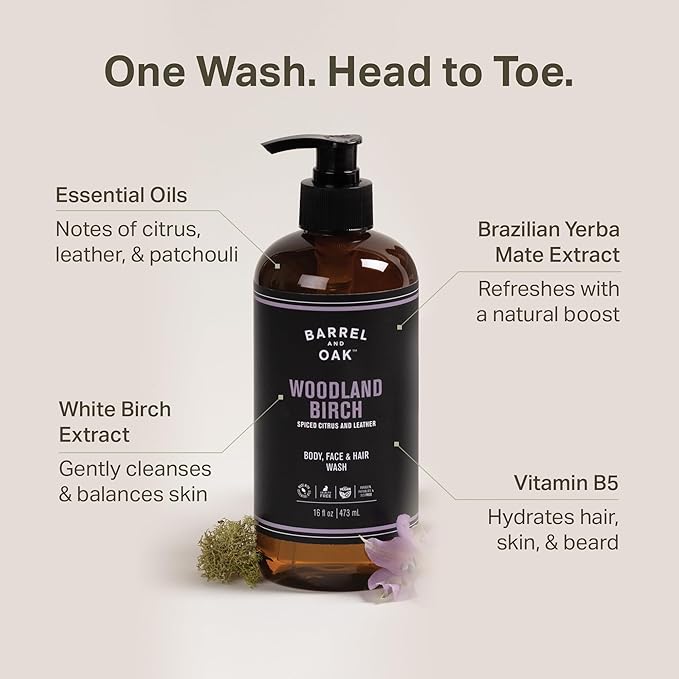 Barrel and Oak - All-In-One Body Wash, Men's Body Wash, Men's Soap for Hair, Face, & Body, Refreshing & Balanced Cleanser, Essential Oil-Based Scent, Vegan (Woodland Birch, 16 oz)