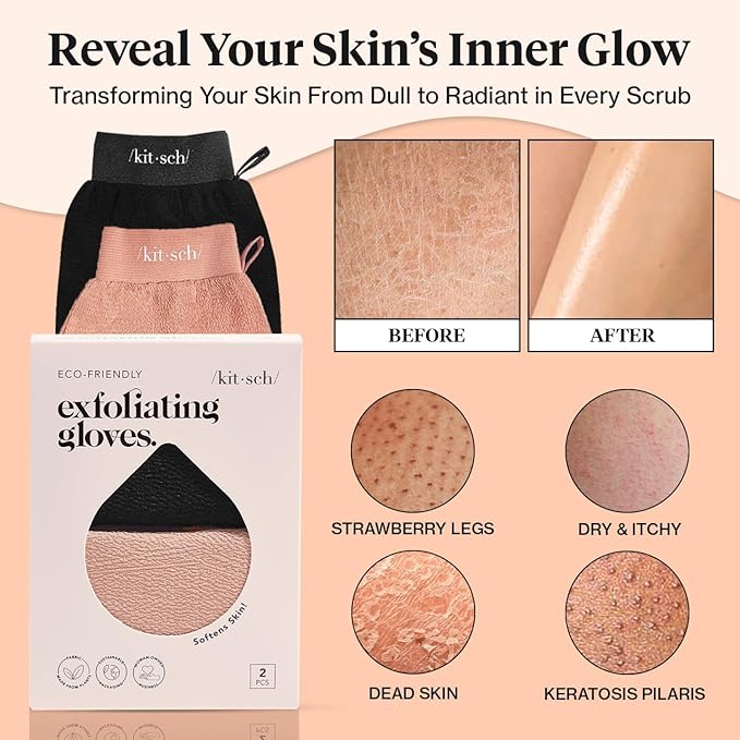 Kitsch Exfoliating Gloves 2pc – Korean Exfoliating Mitt & Deep Exfoliating Body Scrubber for Shower, Bath | Body Exfoliator, Dead Skin Remover | Skin Care for Smooth, Renewed Skin - Black & Terracotta