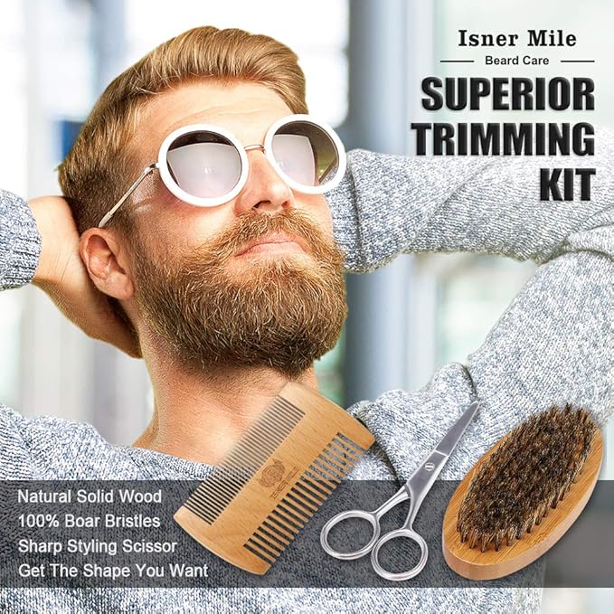 Isner Mile Beard Grooming Kit for Men Care: Trimming Sets with Beard Wash/Shampoo - Oil - Balm - Brush - Comb - Scissors & Storage Bag, Valentines Birthday Fathers Gifts for Dad Men Husband Boyfriend