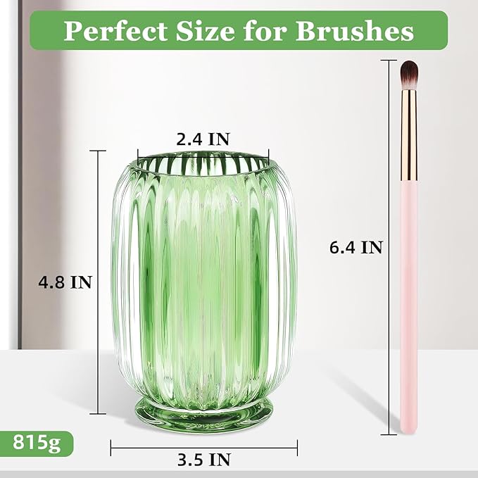 Makeup Brush Holder, Thick Glass Makeup Brush Organizer Cup, 4.8" Tall for Vanity Hair Brush Holder Brushes Storage, Makeup Brush Holder Organizer organizador de brochas de maquillaje Crystal Green