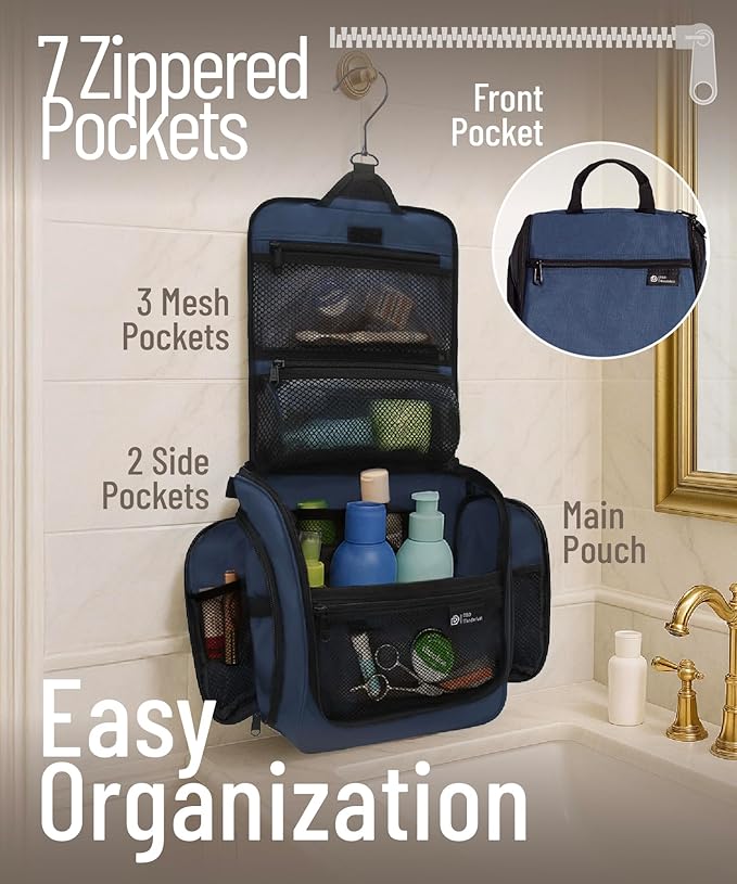 D&D Hanging Travel Toiletry Bag for Men and Women – Large Cosmetics, Makeup and Toiletries Organizer Kit with 10 Compartments, YKK Zippers, XXL Metal Swivel Hook, Water-Resistant Nylon