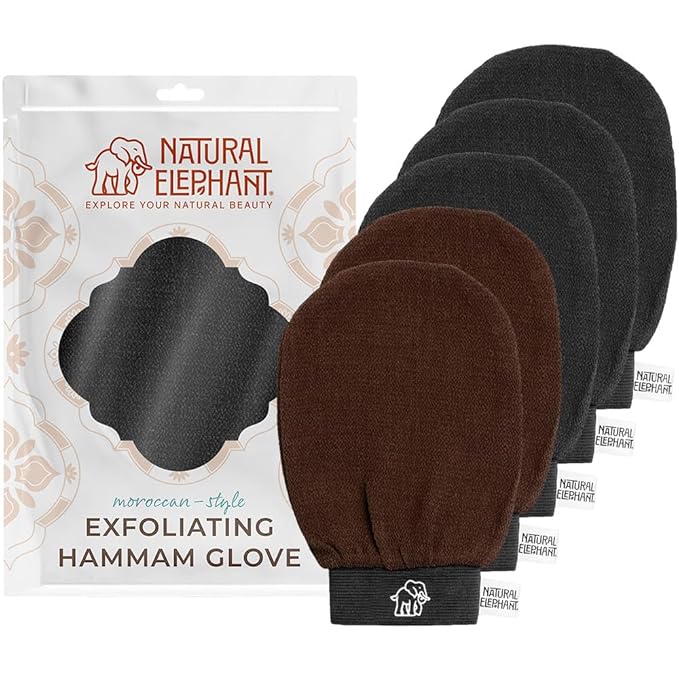 Natural Elephant Exfoliating Hammam Glove - Face and Body Exfoliator Mitt 5 and 10 Packs (3 Black, 2 Brown (Pack of 5))