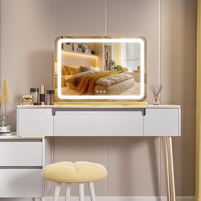 Hasipu Vanity Mirror with Lights, 31.5" x 20" LED Makeup Mirror, Lighted Makeup Mirror with Dimmable 3 Modes, Touch Screen Control Vanity Mirror Round Gold