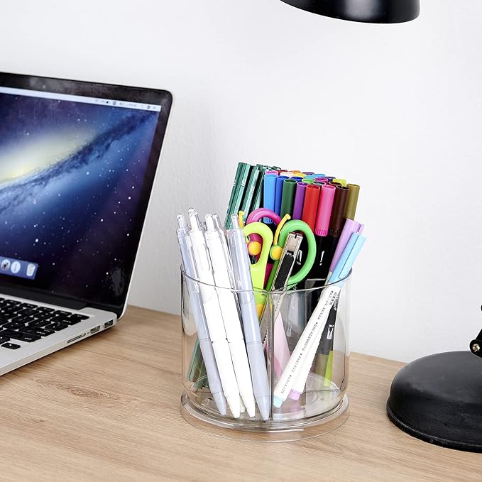 Makeup Brush Holder Organizer -Rotating 360° Clear Storage Cup Containers for Vanity, Desk, Countertop, Spinning Pen Holder for Desk, Round Make up Brush Stand with 5 Slots, for Cosmestics (Clear)