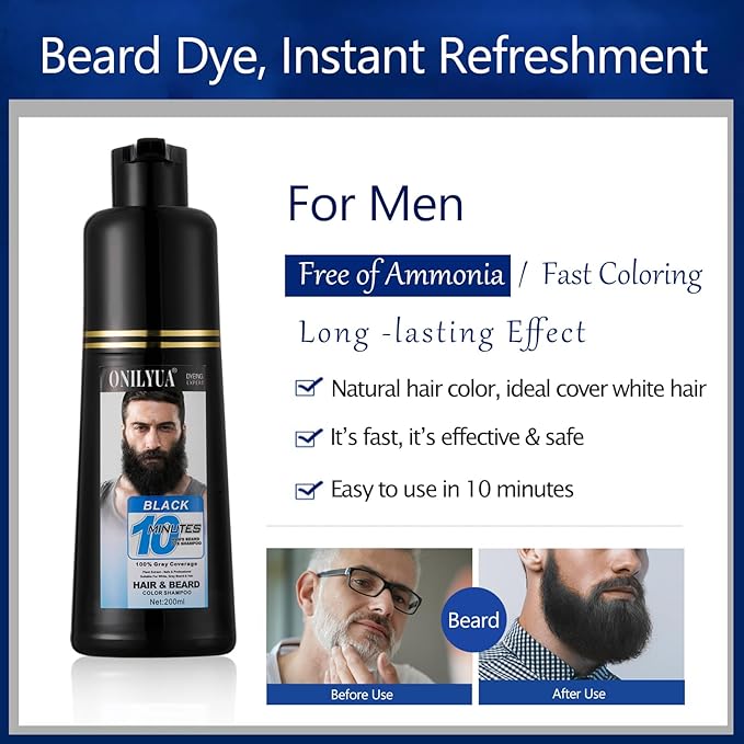 Men's 3 in 1 Black Beard Dye Shampoo, Simpler Color for Men's Beard & Mustaches, Long Lasting Gray Reducing 200 ml