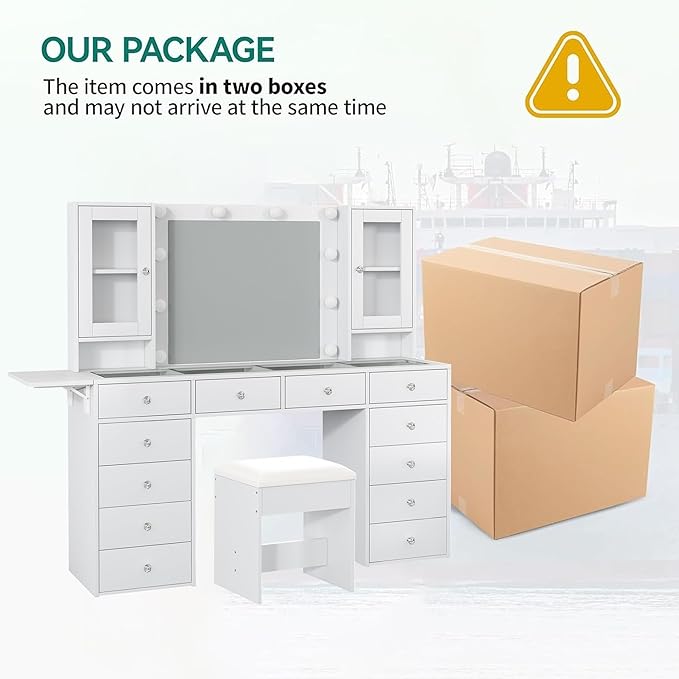 Vanity with Mirror and 10 LED Lights,Vanity Desk with Power Outlet, Makeup Vanity with 12 Drawers and 2 Cabinets, Fold-up Panel, Glass Top Vanity Table with Chair for Bedroom, White