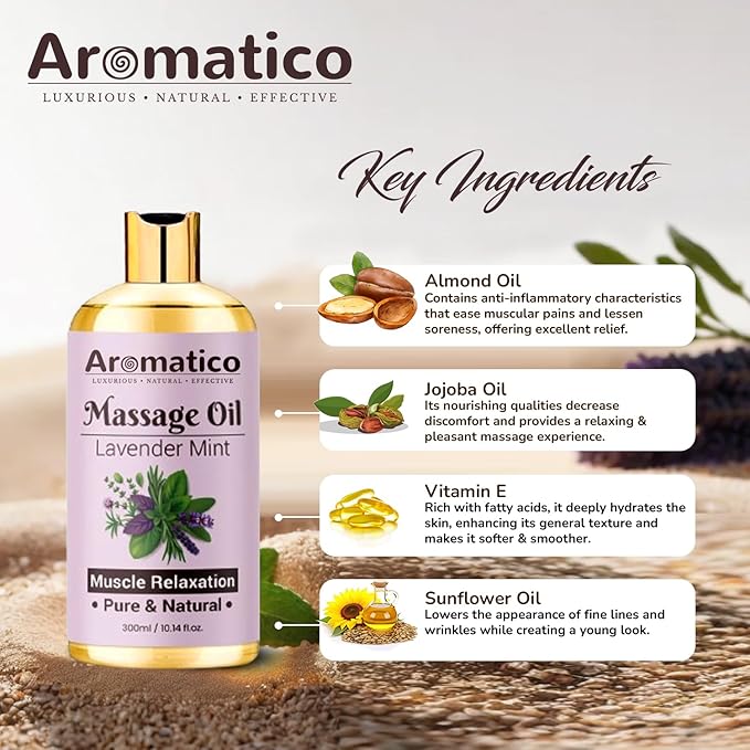 Lavender Mint Massage Oil with Sesame, Almond & Jojoba Oils. Non-Sticky, Safe & Natural Ingredients – 10 Fl Oz