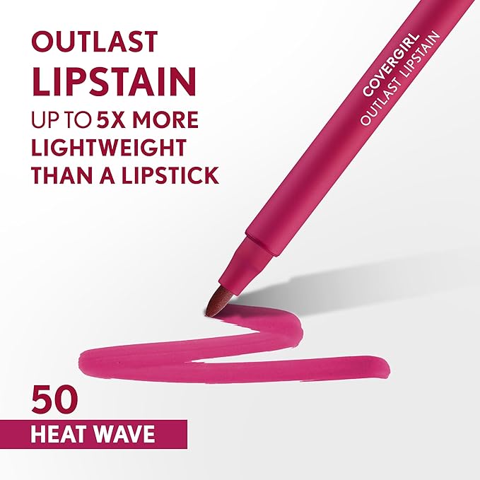 COVERGIRL Outlast, 50 Heat Wave, Lipstain, Smooth Application, Precise Pen-Like Tip, Transfer-Proof, Satin Stained Finish, Vegan Formula, 0.06oz
