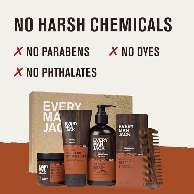 Every Man Jack Mens Aged Bourbon Beard Set - Five Full-Sized Grooming Essentials For a Complete Routine - Beard + Face Wash, Beard + Face Lotion, Hydrating Beard Oil, Beard Butter, and Beard Comb