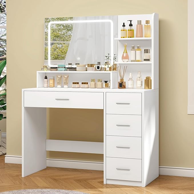Quimoo Makeup Vanity Desk with LIighted Mirror, Vanity Desk with 5 Drawers & Storage Shelves, Vanity Table, 3 Color Modes & Adjustable Brightness Dressing Table, Bedroom