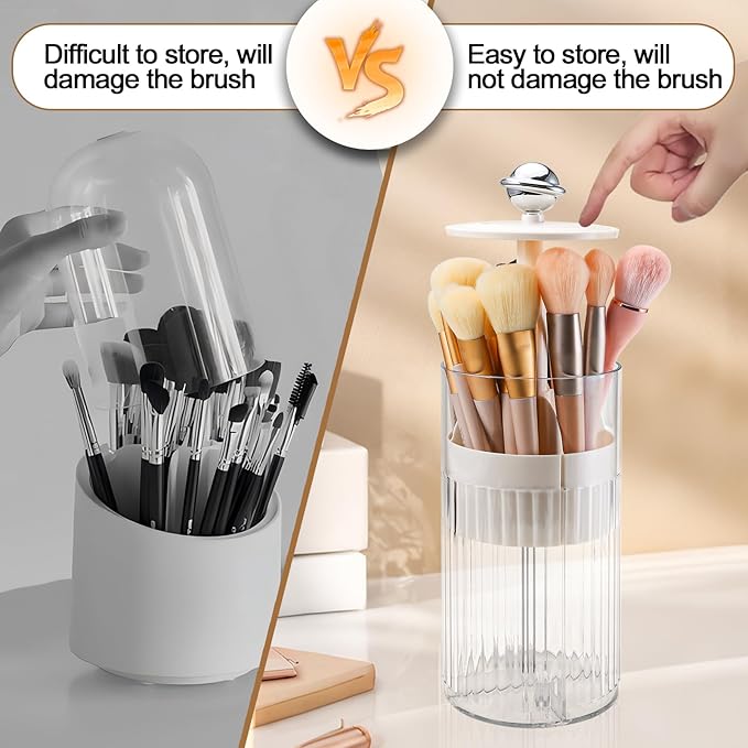 DASITON Makeup Brush Holder with Lid, Automatic Lifting Makeup Organizer for Vanity, 4 Slots Clear Makeup Brush Organizer, Dustproof Cosmetic Brushes Storage for Bathroom, Desktop, Office (Cream)