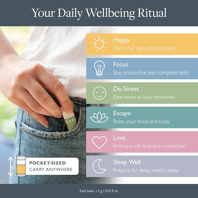 Scentered Aromatherapy Gift Set, Mini Roll On Essential Oil Balms for Sleep, Focus, Stress-Relief, Calm, Mood Boost - 6 x Premium Blends, 100% Natural - Aromatherapy Gifts for Women