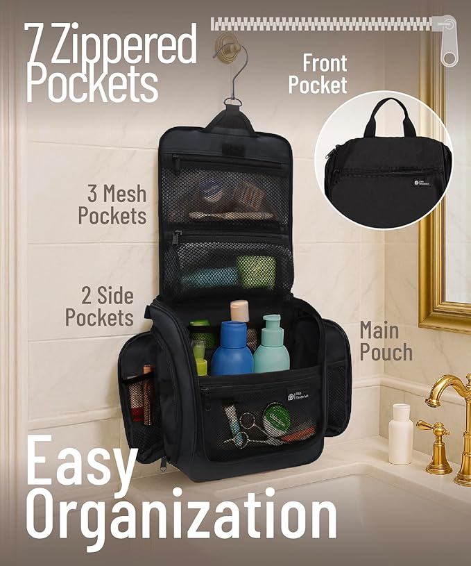 D&D Hanging Travel Toiletry Bag for Men and Women – Large Cosmetics, Makeup and Toiletries Organizer Kit with 10 Compartments, YKK Zippers, XXL Metal Swivel Hook, Water-Resistant Nylon