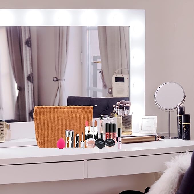 PAZIMIIK Makeup Bag Large Zipper Corduroy Make Up Pouch for Purse Travel Canvas Cosmetic Organizer for Women Brush Storage,Brown