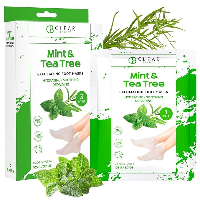 Mint & Tea Tree Foot Masks Moisturizing Socks - Exfoliating, Hydrating & Revives Cracked Feet - Dermatologist Tested, Clean Beauty & Cruelty-Free Skincare - 3 Pairs