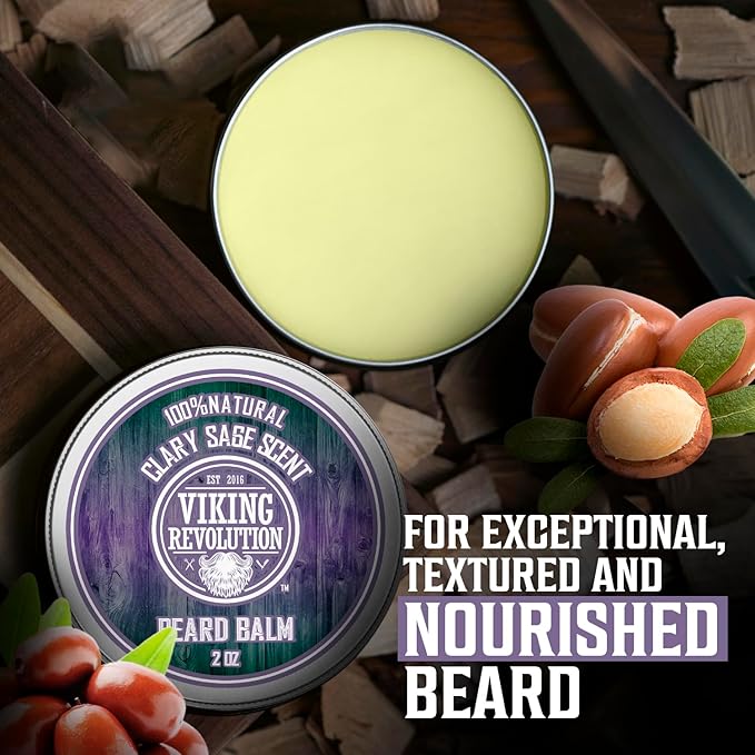Viking Revolution Clary Sage Beard Balm - Beard Butter with Argan Oil, Beard Softener for Men with Jojoba Oil - Beard Moisturizer for Men with Beeswax - Beard Wax for Men (2oz, 1 Pack)