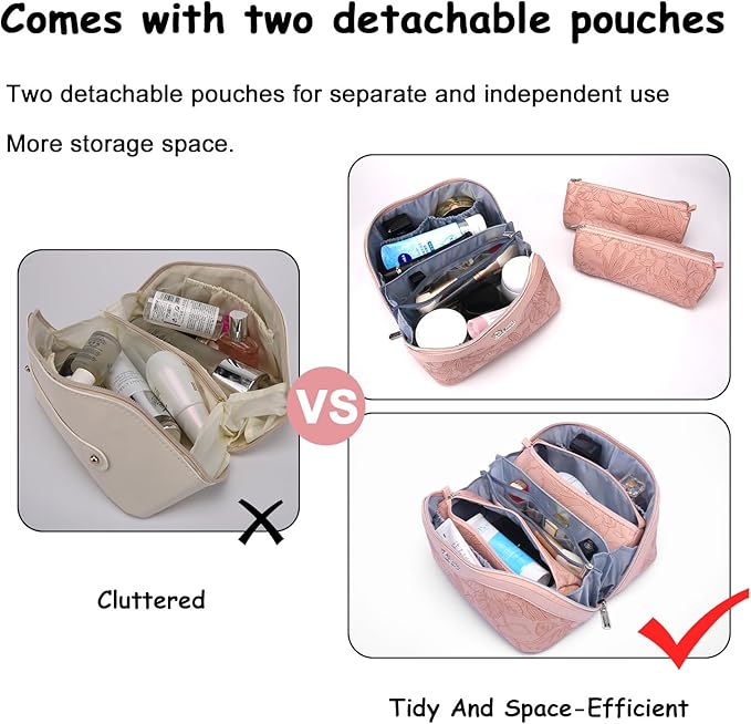 BOYATU Travel Makeup Bags Cosmetic Organizer Bag: 3-Set Large Capacity Make up Bag - PU Leather Toiletry Bags for Women - Wide Open Portable Pouch with Divider & Handle (01-Z-Pink)