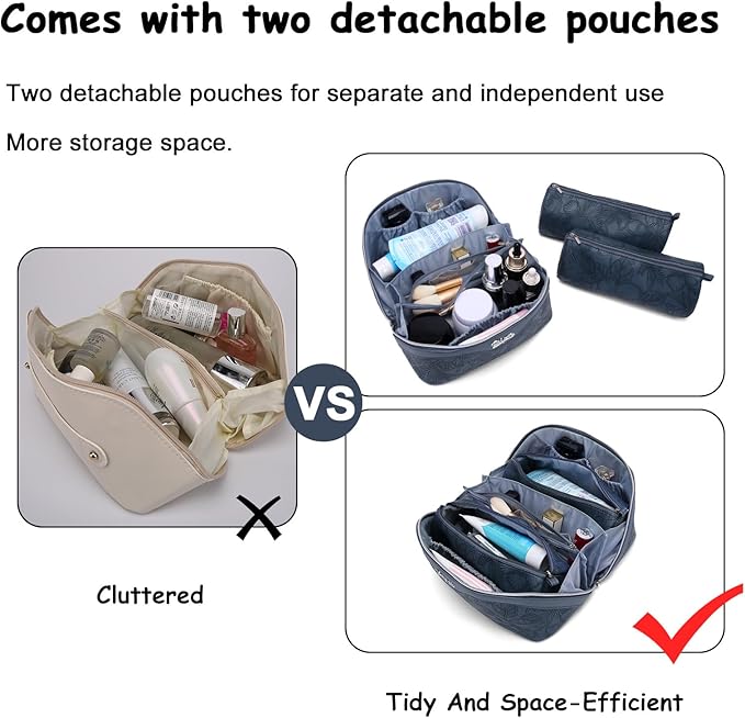 BOYATU Travel Makeup Bags Cosmetic Organizer Bag: 3-Set Large Capacity Make up Bag - PU Leather Toiletry Bags for Women - Wide Open Portable Pouch with Divider & Handle (02-Dark Blue)