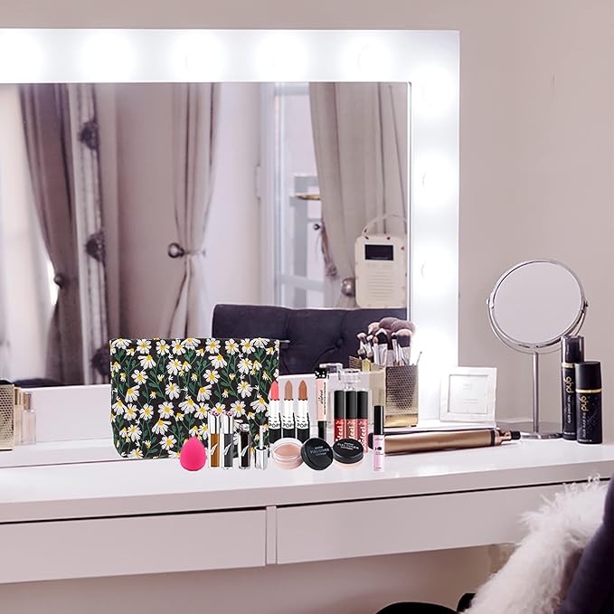 Makeup Bags for Purse Zipper Cosmetic Pouch Large Travel Canvas Make Up Organizer Tool Pouch for Women and Girls,Daisy Black