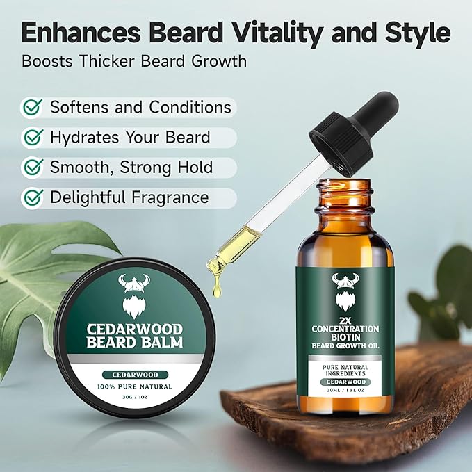 Beard Growth Kit - 2X Concentration Biotin for Men, Natural Argan, Jojoba Oils and Vitamins (Cedarwood)