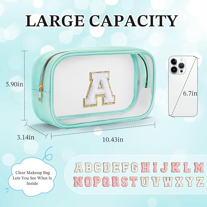 YOOLIFE Initial Make Up Bag Travel Toiletry Bag, Clear Makeup Bag Preppy Cosmetic Bags Organizer Travel Essentials Gifts for Women Teen Girlfriend Teacher Mom Birthday Mothers Day Gifts Blue L
